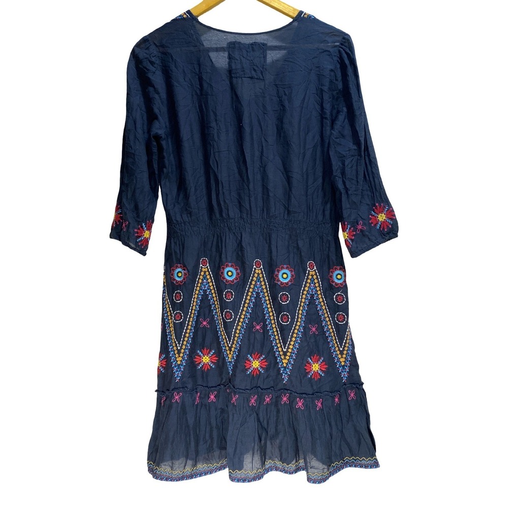 Johnny Was 3J Workshop Embroidered Silk Blend Boho Dress Black XS V-Neck Smocked - Picture 10 of 12